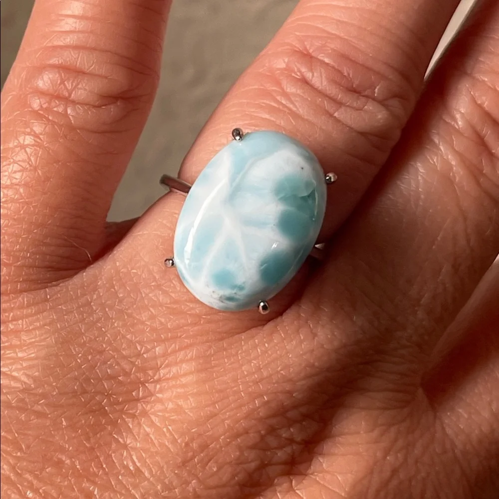NWT Large Natural Larimar 18.2X13mm in 925 Sterling Silver Ring Size 5